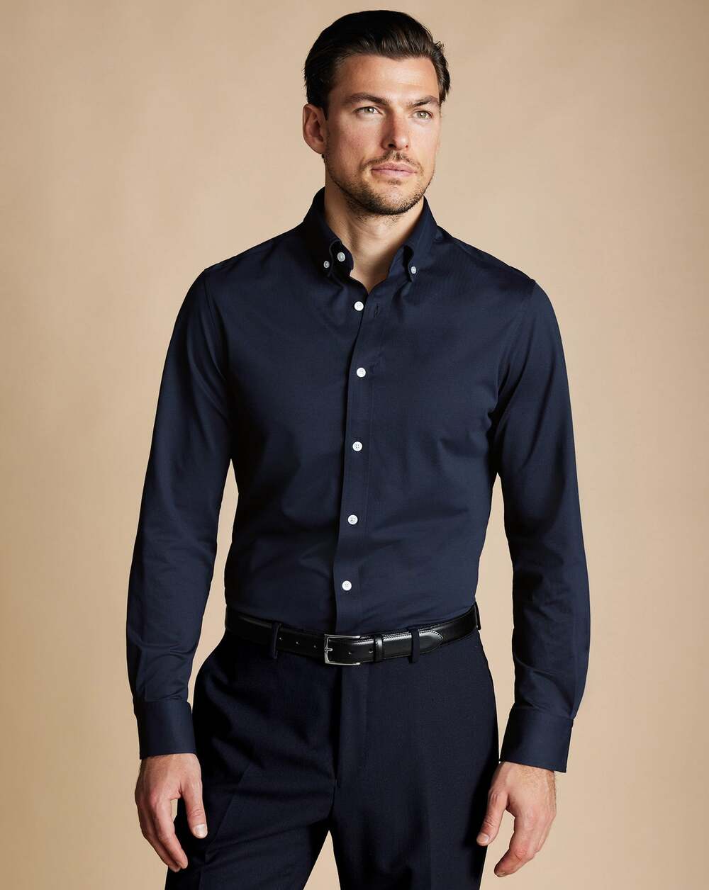 Charles Tyrwhitt Four-Way Stretch Jersey Button Down Shirt Navy Large